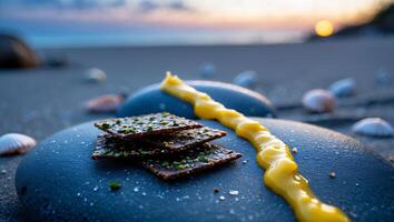 Eating Crackers with Sauce on Beach Stones During Sunset Time photo