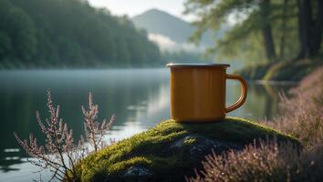 Mug Sitting on Mossy Rock by Lake Enjoying Morning Light photo