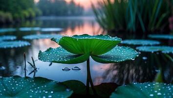 Water Lily Pad Floating on Pond with Water Droplets Morning Dew photo