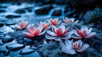 Lotus Flowers Floating Near Gentle Stream Tranquil Floral Water Scene photo