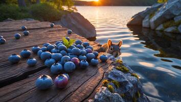 Blueberries on Wooden Dock with Squirrel Near Lake at Sunset photo