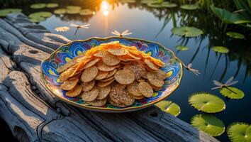 Round Snacks on Colorful Plate Near Peaceful Pond with Dragonflies photo
