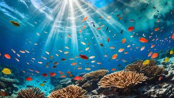 Colorful Fish Swimming Around Coral Reef with Sunlight Streaming Through Water photo
