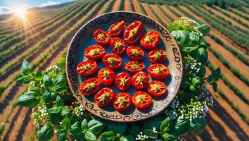 Plate of Cherry Tomatoes in Vineyard Setting with Sunlit Fields photo