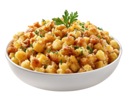 Bowl full of stuffing sprinkled with herbs on a transparent background image png