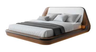 Modern bed with white linens and wooden frame on a transparent background, image png