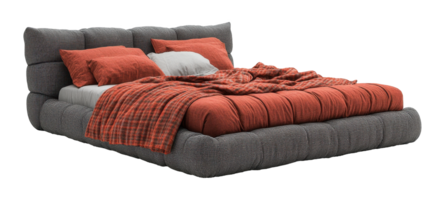Upholstered Platform Bed with Pillows and Blanket on a Transparent Image png
