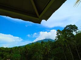 A view of a mountain from a window photo