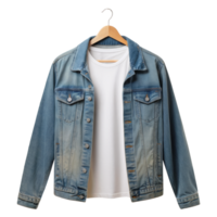 Light blue denim jacket with white t shirt on wooden hanger isolated on transparent background. png