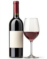 Elegant red wine bottle and glass on display. photo