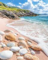 Serene beach scene with smooth pebbles, gentle waves, and lush green hills under a bright blue sky. photo