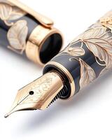 Elegant fountain pen with intricate floral design, showcasing luxury and craftsmanship for writing enthusiasts. photo
