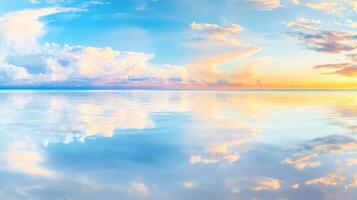 A serene view of a calm sea reflecting beautiful clouds and a colorful sky during sunset, offering tranquility and beauty. photo