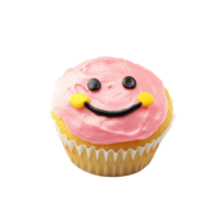 Cute cupcake with pink frosting and a smiling face on a transparent background Concept of sweet treat, dessert, and happy food png