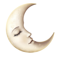 Dreamy crescent moon with a sleeping womans face on a transparent background, symbolizing night, fantasy, and celestial dreams png