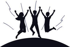 Silhouettes of joyful young adults leaping dynamically against a colorful background vector