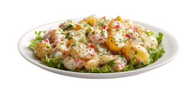 Creamy potato salad with fresh herbs and red onion on a white plate, garnished with lettuce Concept of summer picnic, healthy eating, and classic side dish png