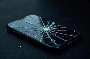 Cracked smartphone screen on dark surface, technology mishap and device damage photo
