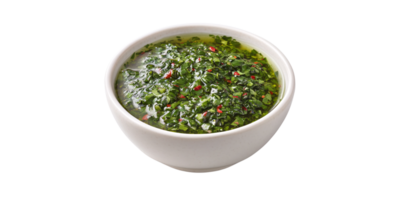 Fresh homemade chimichurri sauce in a white bowl, a vibrant green condiment with herbs and spices, perfect for grilling and adding flavor to meals png