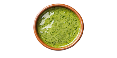 Overhead shot of vibrant green chimichurri sauce in rustic bowl, showcasing fresh herbs and olive oil Concept of gourmet condiment, healthy eating, and Argentinian cuisine png