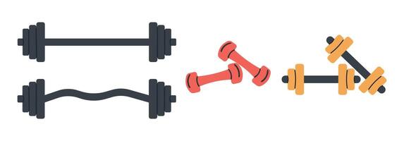 Set of illustrations of weightlifting barbells and dumbbells. Design element for logo vector