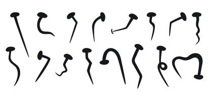 Curved nails. Iron curved nails, carpentry work, connecting elements of industrial tool vector