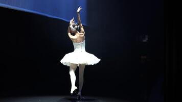 Ballet dancer en pointe in white costume on water covered stage under spotlight video