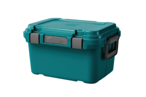 Teal plastic storage container with lid and handle for organizing and protecting items indoors Concept of storage solutions, organization, and moving png