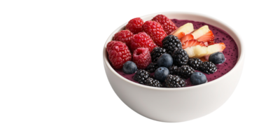 Delicious and colorful smoothie bowl with fresh raspberries, blueberries, blackberries, strawberries and banana slices in a white bowl Concept of healthy eating, dieting and lifestyle png