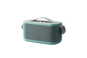 Portable Bluetooth speaker in mint green and gray with carrying handle, isolated on black background Concept of audio, music, and modern technology png