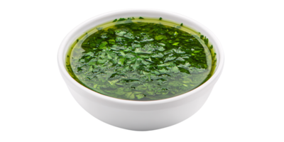 Fresh Chimichurri Sauce in White Bowl, a Vibrant Green Herb Sauce with Olive Oil, Perfect for Grilling and Enhancing Flavors Culinary Concept png