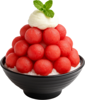 A bowl of watermelon with cream and mint png