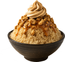 A bowl of ice cream topped with caramel and nuts png