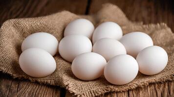 Fresh white chicken eggs on rye cloth, burlap on wooden brown surface in rustic style photo