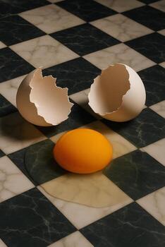 Close-up of a broken egg, a whole yolk and two halves of a cracked eggshell on a textured marble surface with a checkered pattern. photo