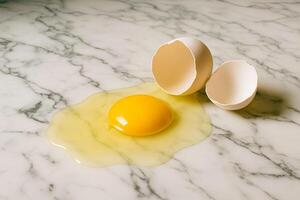 Close-up of a broken egg, a whole yolk and two halves of a cracked shell on a textured marble surface . photo