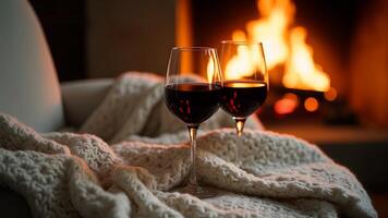 Two glasses of red wine stand on a chair by a burning fireplace in front of a large window with a snowy landscape with silhouettes of snow-covered fir trees in the background photo