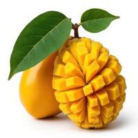 Fresh ripe mango with cut cubes and green leaves isolated on a bright white background photo