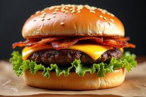 Deliciously stacked bacon cheeseburger freshly prepared with sesame seed bun and crisp lettuce photo