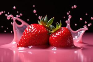 Two fresh strawberries in a pink liquid with splashes against a black background photo