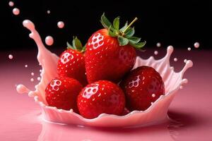 Fresh strawberries plunging into a vibrant splash of pink strawberry milk with droplets and ripples photo