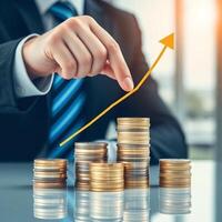 Businessman pointing at a stack of coins with an upward arrow photo