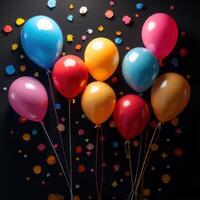 Colorful balloons floating against a dark background with scattered decorative elements for celebration and joy photo