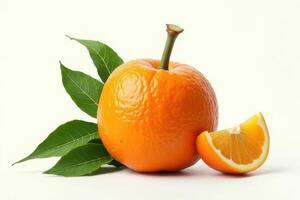 Fresh orange with green leaves and a slice against a clean white background photo