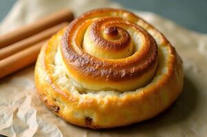 A pastry with cinnamon sticks on top photo