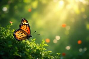 A monarch butterfly perched on green foliage in a sunlit garden setting with bokeh effect photo