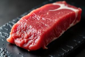 Close up shot of raw steak cutlet resting on a dark textured surface ready for cooking. photo