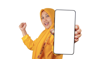 Excited woman in yellow hijab celebrating and displaying blank phone screen forward png