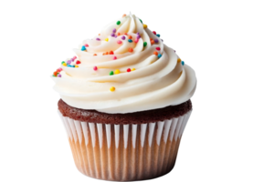 Delightful cupcake adorned with fluffy white frosting and vibrant sprinkles on a transparent background png