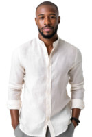 Stylish man presents a contemporary linen shirt in minimalist studio setting with soft lighting and sharp detail for an elegant look png